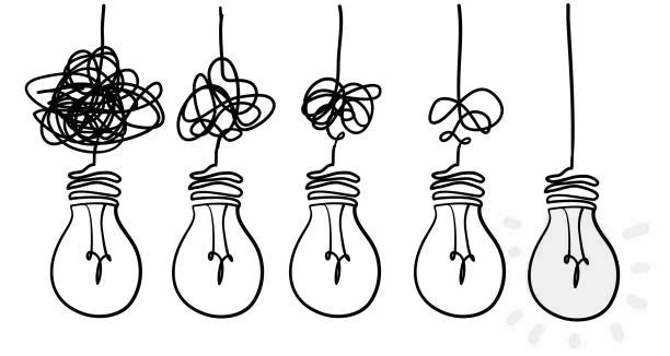 Simplifying the complex, confusion clarity or path vector idea concept with lightbulbs doodle illustration